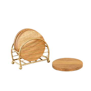 IRON & WOOD COASTER WITH HOLDER (POLISH & GOLD)